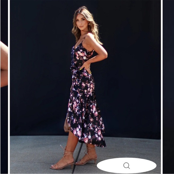 VICI Satin Floral Wrap Midi Dress - Black Floral - Picture 2 of 7